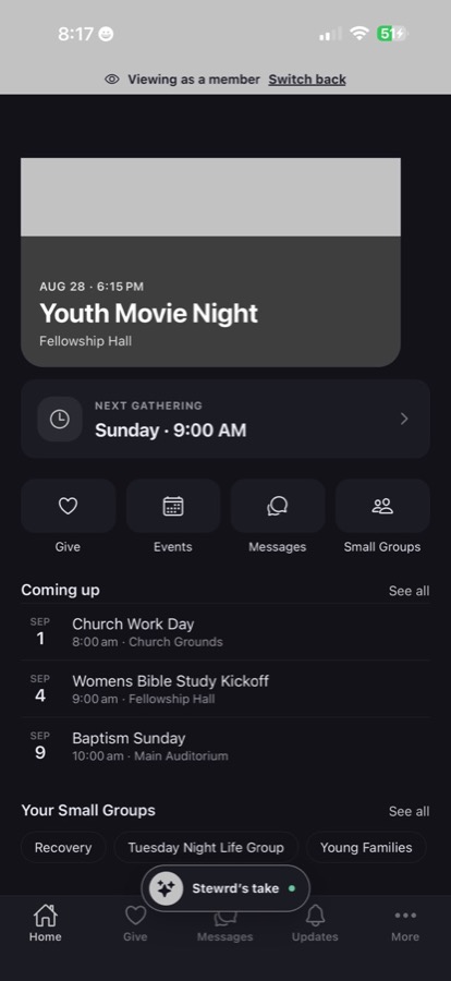 Stewrd member home showing a featured event and next gathering