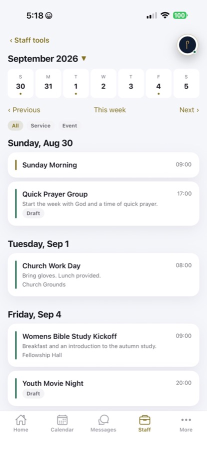 Stewrd mobile calendar with services and events